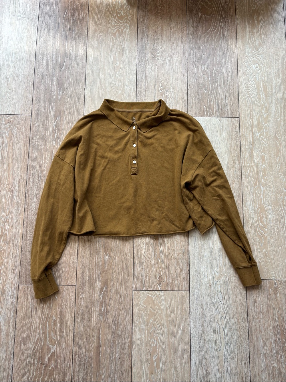 aerie Cropped Long-Sleeve Polo Top in Mustard Brown